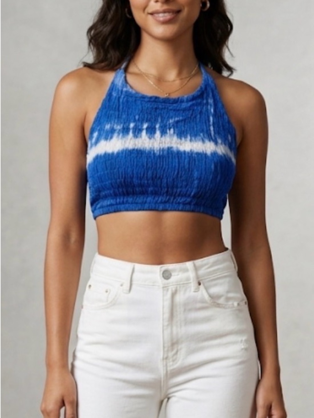 New - Tie-Dyed Smocked Cropped Halter Top - O/S